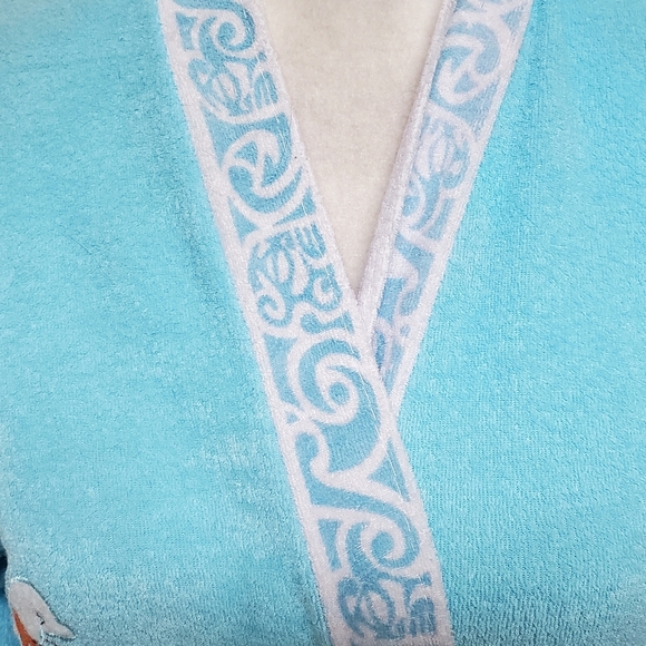 Rare Vintage 60s Dolphins Sky Blue Terrycloth Hawaiian Tie-Waist Mini Robe L - Picture 4 of 14